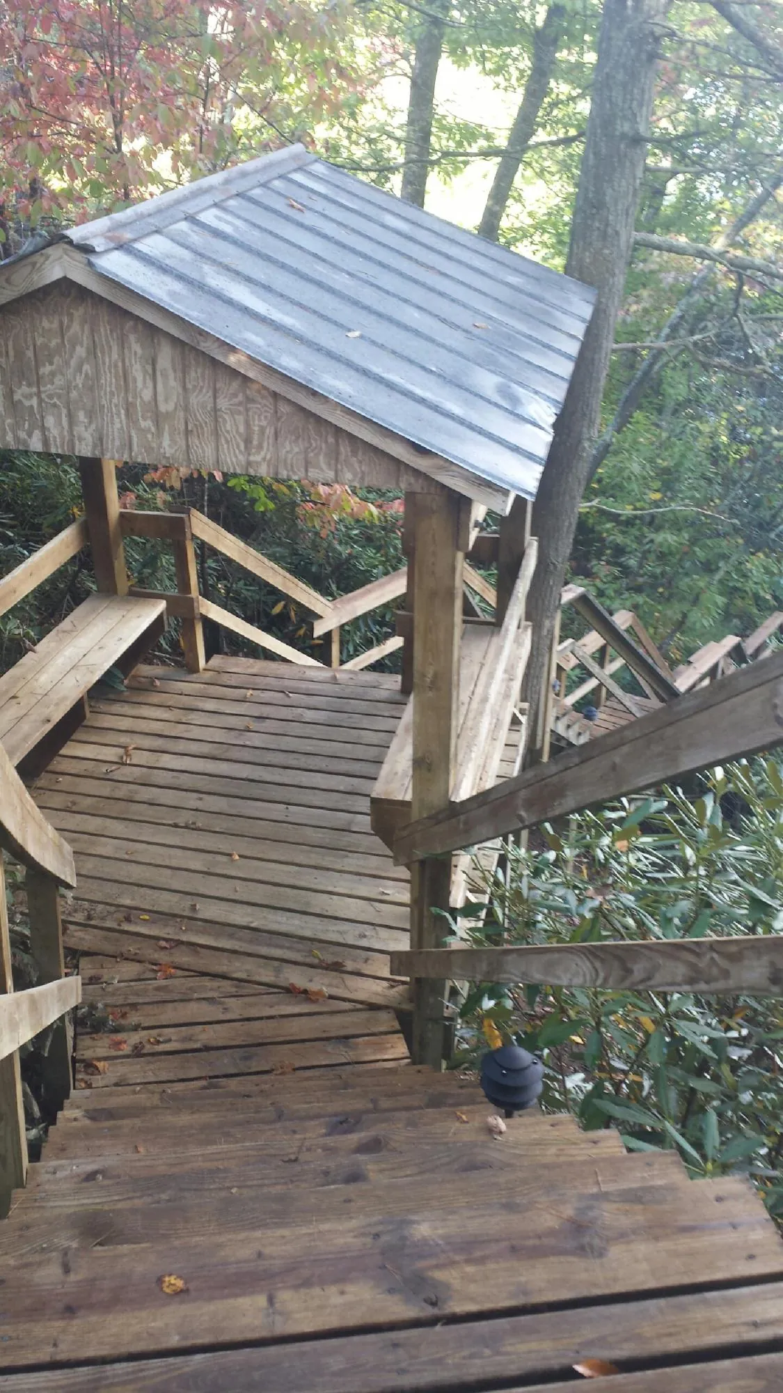 Metal roofed shelter over wooden steps on a wooded walkway — Skylight Repair & Installation work by our crew in Big Pool